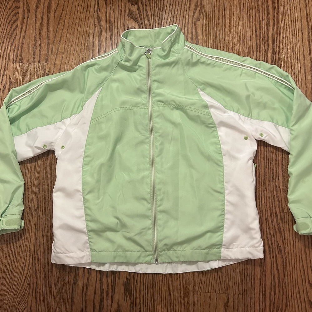 Studio Works Womens Jacket Windbreaker Size PM Green White Long Sleeves